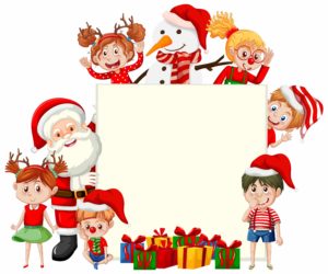 Empty board with Santa Claus and children cartoon characters