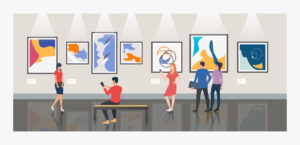 Men and women visiting museum or art gallery vector illustration